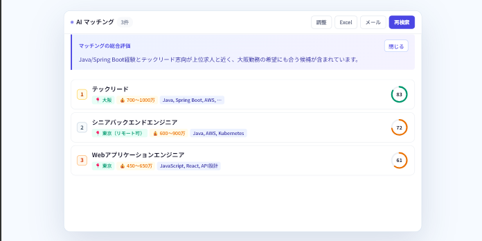 Zoho CRM内AIマッチングWidgetで求人候補をスコア順に一覧表示するデモ画面