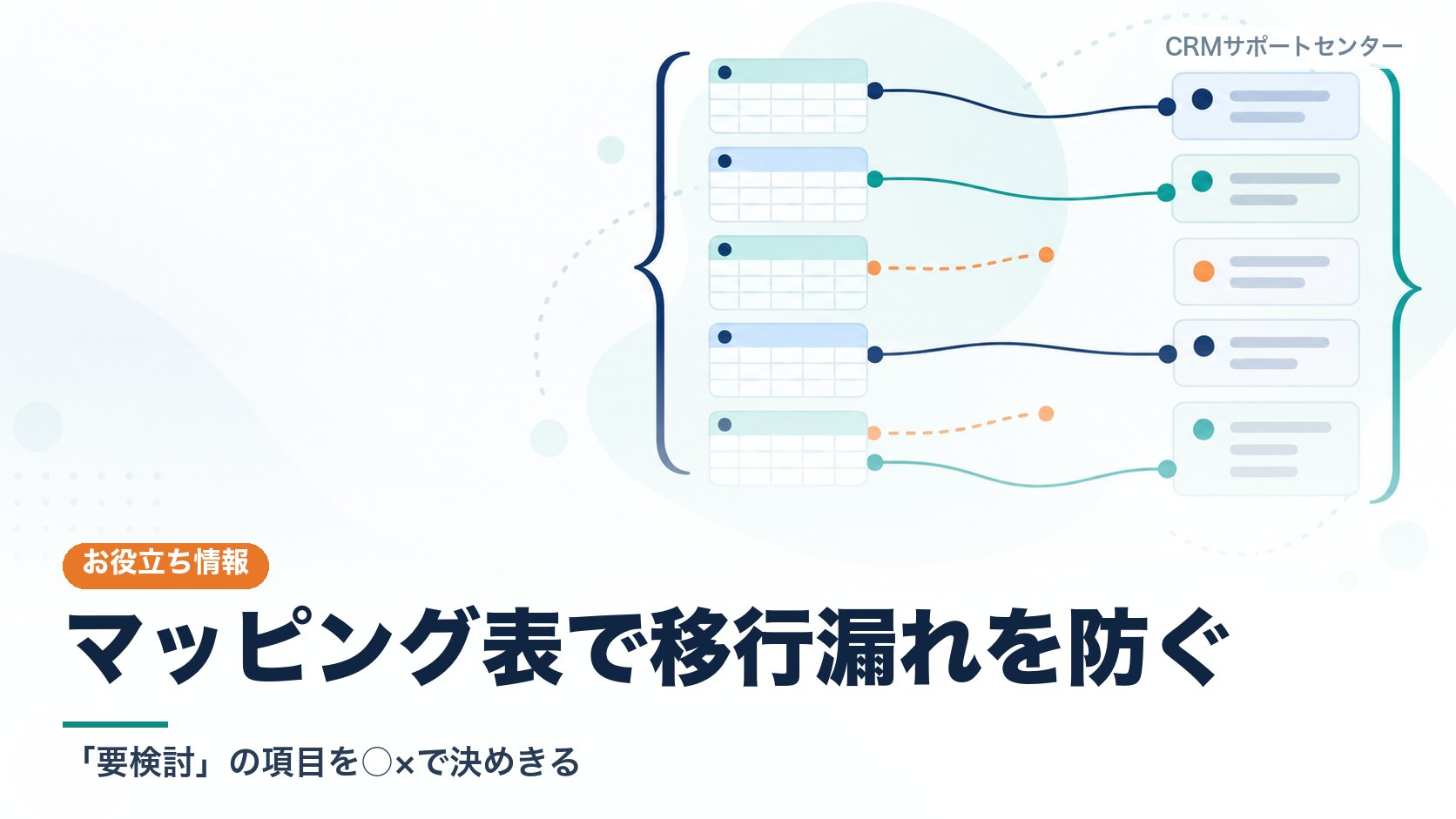 左の移行元の表の項目と右の移行先の項目が線でつながり、一部の項目だけ行き先が決まらず浮いている状態を表したカバー画像