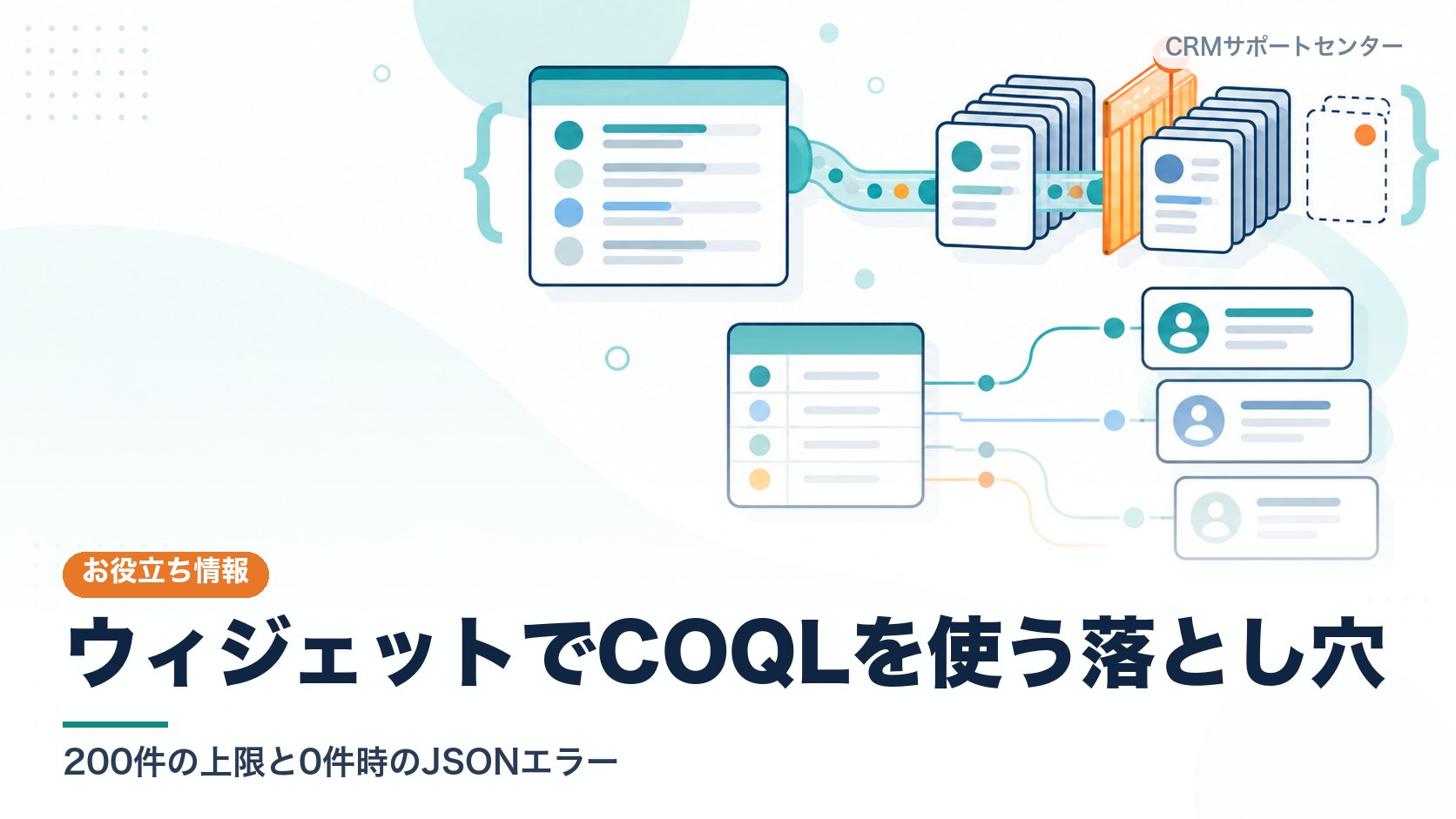 ウィジェットが取引先のデータを決まった件数ずつ取得していく流れの中で、上限を超える取得と空の応答がつまずきになる様子を表したカバー画像